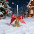 Christmas miniature decorative broom with red bow and golden bell in snowy forest - Red Bell
