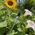 Black hexagonal crystal hairpin with silver filigree floral base on nature background - Blue Goldstone