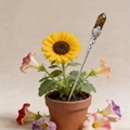 Detailed view of silver flower support with tiger eye stone crystal in a sunflower pot - Tiger's Eye