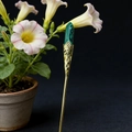 Detailed view of handmade golden filigree hair pin with green malachite stone inlay - Malachite