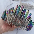 Detail of handmade rainbow crystal crown with metallic moon ornament and wire wrap - Multicolor Silver Moon Filigree Crown Headband