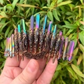Detail of handcrafted iridescent crystal crown with copper wire and crescent moon charm - Multicolor Bronze Moon Filigree Crown Headband