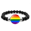 Elastic beaded bracelet featuring shiny black obsidian beads and a rainbow flag charm - Rainbow Stripe Style (XSWX6381-1)
