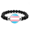Elastic beaded bracelet with black onyx stones and Transgender Pride Flag charm - Transgender Flag Style (XSWX6381-2)