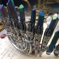 Iridescent crystal crown with silver moon filigree on a vintage background - Dark Blue Moon Filigree Crown Headband
