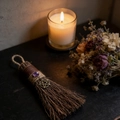 Detail of handmade witch broom with amethyst stone and pentagram on wooden table - 19cm x 8cm / Pentagram Raw Stone Style (Style 9)