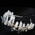 Close-up of raw white crystal quartz points on a silver branch bridal headband - White Branch Style