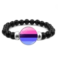 Elastic beaded bracelet with black shiny beads and a colorful striped glass charm - Lesbian Flag Style (XSWX6381-3)