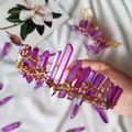 Detail of purple aura quartz crystal bridal crown with golden twig metal base - Purple Branch Style