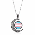 Silver hollow moon necklace with Transgender Pride rainbow gem pendant on white surface - Transgender Pride Flag Style