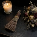 Detail of ritual altar broom with gemstone and bronze tree of life pendant decor - 19cm x 8cm / Tree of Life Charm Style (Style 8)