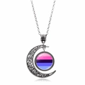 Silver crescent moon necklace featuring a colorful rainbow striped glass gem pendant - Queer Flag Style