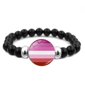 Beaded stretch bracelet featuring black round stones and pink striped glass charm - Pink White Red Stripe Style (XSWX6381-5)
