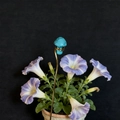 Detail of turquoise mushroom garden stake with golden wire wrap in a purple flower pot - Turquoise