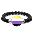 Elastic beaded bracelet with black polished beads and non-binary pride flag charm - Non-binary Flag Style (XSWX6381-7)