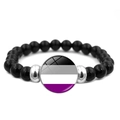 Elastic black beaded bracelet featuring silver spacers and a round asexual pride flag charm - Asexual Flag Style (XSWX6381-9)