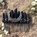Gothic Wicca hair comb with black crystal points and silver crescent moon on rock - Black With Moon