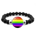Black beaded elastic bracelet featuring a colorful rainbow striped circular charm - Full Color Block Style (XSWX6381-12)