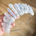 Handmade aura crystal crown tiara with wire-wrapped iridescent quartz on metal headband - Iridescent White (Silver Wire)
