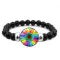 Elastic beaded bracelet featuring smooth black beads and a rainbow sunflower centerpiece - Rainbow Sunflower Style (XSWX6381-13)