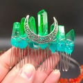 Detailed view of silver crescent moon moon and gradient green crystal wedding hair comb - Blue Green With Moon