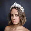 Handmade gold wire crown with natural clear crystal points on model for weddings - Iridescent White (Gold Wire)