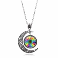 Collana con gemma arcobaleno, ciondolo luna cava d'argento e margherita colorata - Stile Motivo Floreale Colorato
