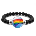 Elastic black beaded bracelet with a rainbow flag charm and silver metal spacers - Blue Sky Rainbow Flag Style (XSWX6381-15)