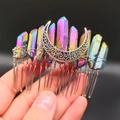 Macro detail of wicca bridal hair comb with aura crystals and silver crescent moon - Multicolor With Moon