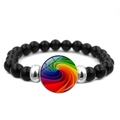 Elastic beaded bracelet with black stones and rainbow spiral glass charm ornament - Rainbow Spiral Style (XSWX6381-16)