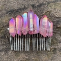 Pink iridescent crystal hair comb with bohemian natural stone pillars and silver wire - Pink Aura (23)
