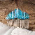Detail of blue raw crystal stones hand-wrapped with silver wire on a bohemian hair comb - Sapphire Blue Gradient (04)