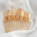 Close-up of golden wire-wrapped amber crystals on a handmade Wicca bridal hair comb - Amber (09)
