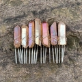 Detailed macro view of natural raw crystals hand-wired to a 20-tooth silver bridal hair comb - Iridescent Pink Gold (20)