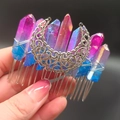 Detailed macro view of Bohemian moon crystal hair comb with blue and pink aura quartz - Purple Blue Moon