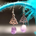 Vintage Celtic Triquetra drop earrings with natural amethyst gemstones on silver hooks - Amethyst Earrings