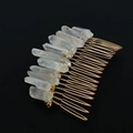 Detailed view of handmade Wicca hair comb with natural raw crystals and gold wire wrap - Gold Comb Clear (03)