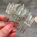 Detailed view of bohemian hair comb with silver moon and natural white crystals - Raw White Crystal Moon
