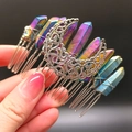 Close-up of bohemian crystal hair comb with rainbow moon stone and silver hollow moon detail - Rainbow Moon