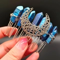 Macro shot of blue raw crystal hair comb with silver hollow crescent moon detail - Deep Blue Moon