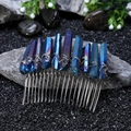 Detailed macro view of rainbow blue crystal points wire-wrapped on a silver comb - Blue Aura (30)