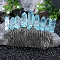 Detail of natural light blue crystal points hand-wired on a 20-tooth silver bridal hair comb - Light Blue Radial (27)