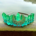 Handmade crystal moon tiara with green gradient prisms and gold metal wire on silver headband - Blue Green With Moon