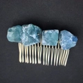 Detail of handmade gold wire-wrapped natural crystal stones on a 20-tooth metal hair comb - Fluorite Silver Wire Silver Comb