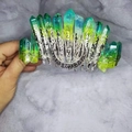 Handmade crown with gradient crystals and silver moon detail for festivals - Green Yellow Moon Filigree Crown Headband