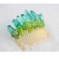 Handmade wicca moon hair comb with blue and green raw crystals and gold wire wrap - Gradient Lake Blue (32)