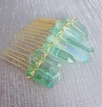 Wicca moon gold hair comb featuring light green natural raw crystals and silver wire - Pale Green (31)