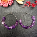 Detailed view of handmade silver hoop earrings featuring natural purple amethyst gemstones - Amethyst (Silver Hoop+Silver Bead) / Purple/Silver