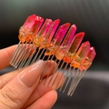 Handmade silver wire moon crystal hair comb with pink and orange gradient aura crystals - Pink Yellow Gradient (35)