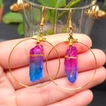 Detail of handmade gold hoop earrings featuring gradient purple crystal druzy pendants - Purple Blue and Gold Hoop